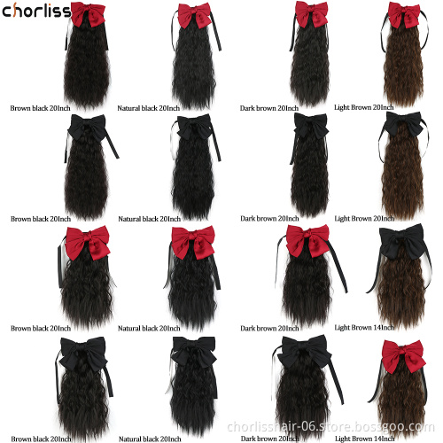 Wholesale 20''Black Brown Long Kinky Curly Wave Synthetic Bowknot Drawetring Ponytail Wrap Clip in Hair Extension For Women